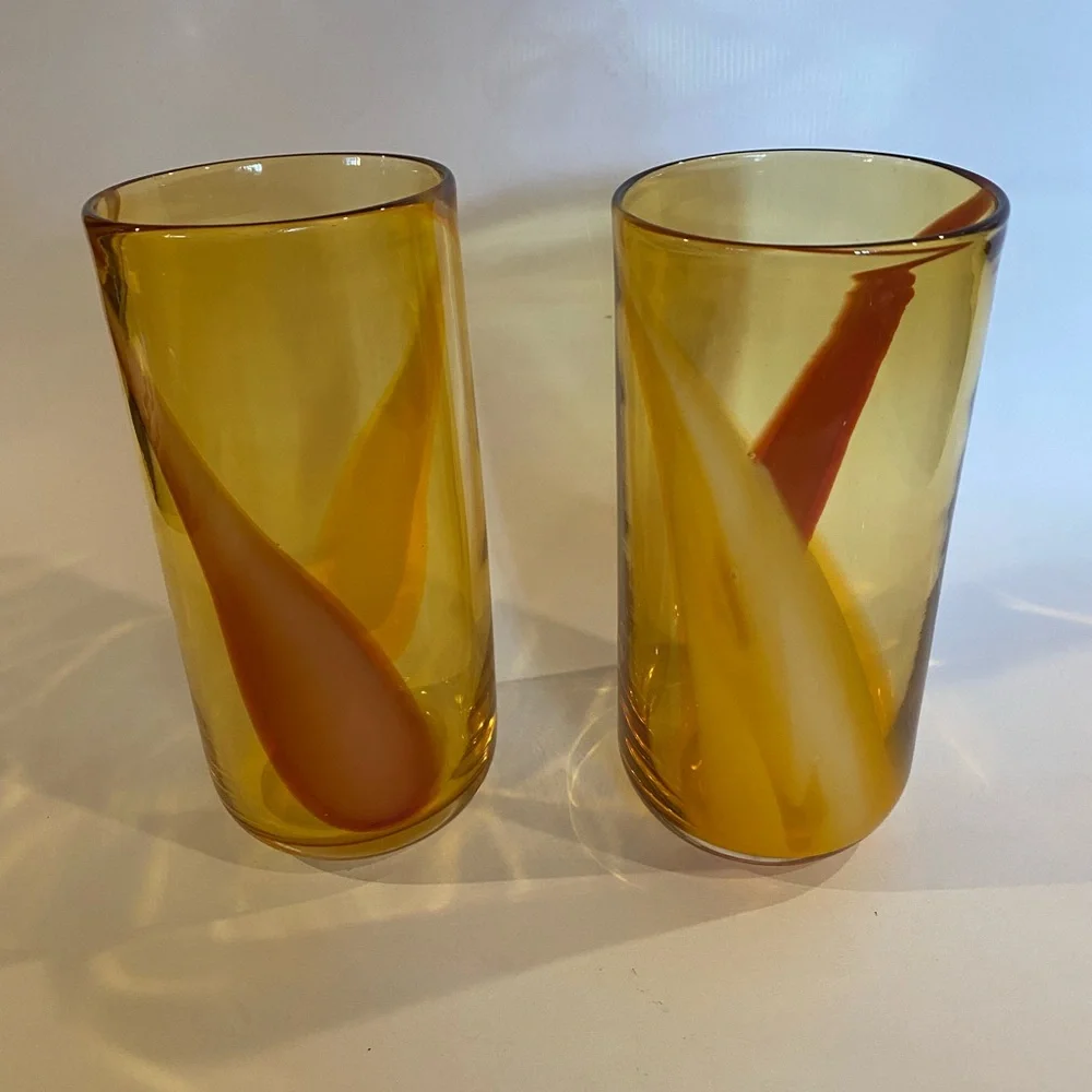 Vintage Pier 1 Imports Amber Hand-Blown Glass Tumblers, Set of 2, Red/Orange Swi